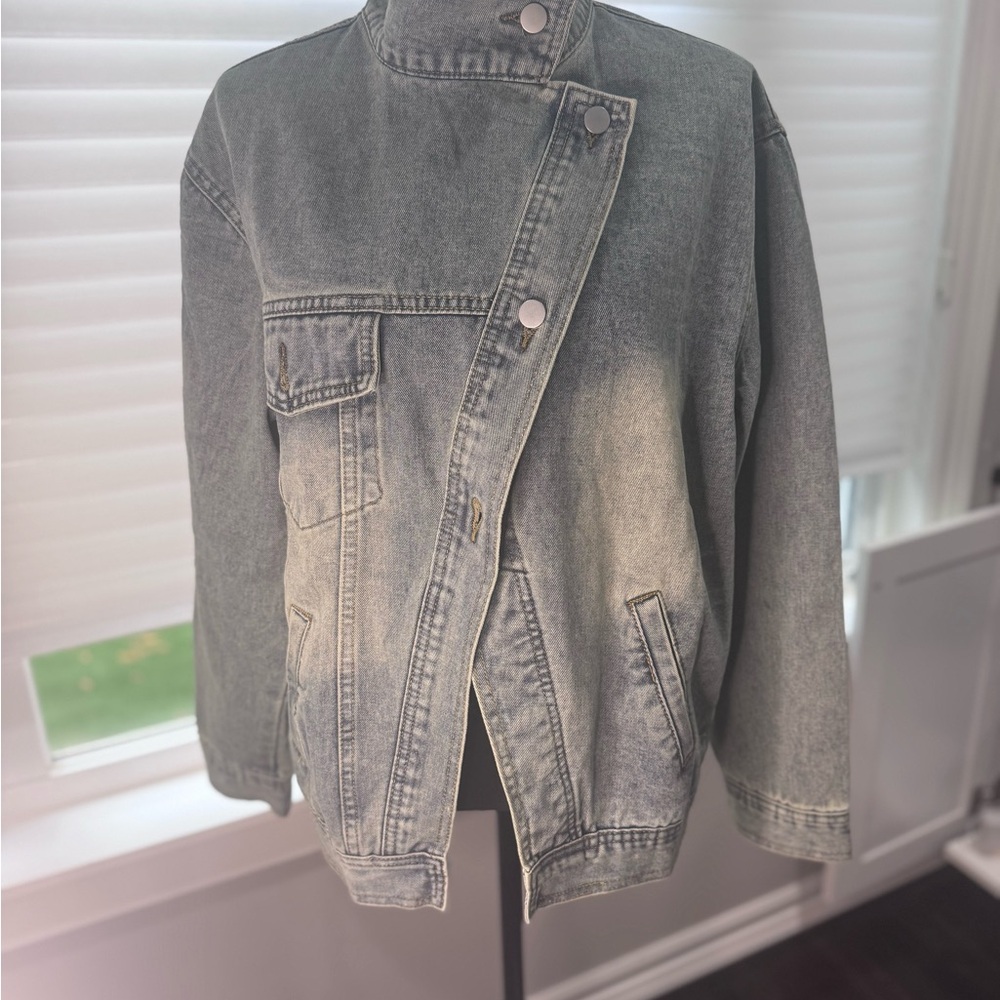 Blue Asymmetrical Button Up Denim Jacket
